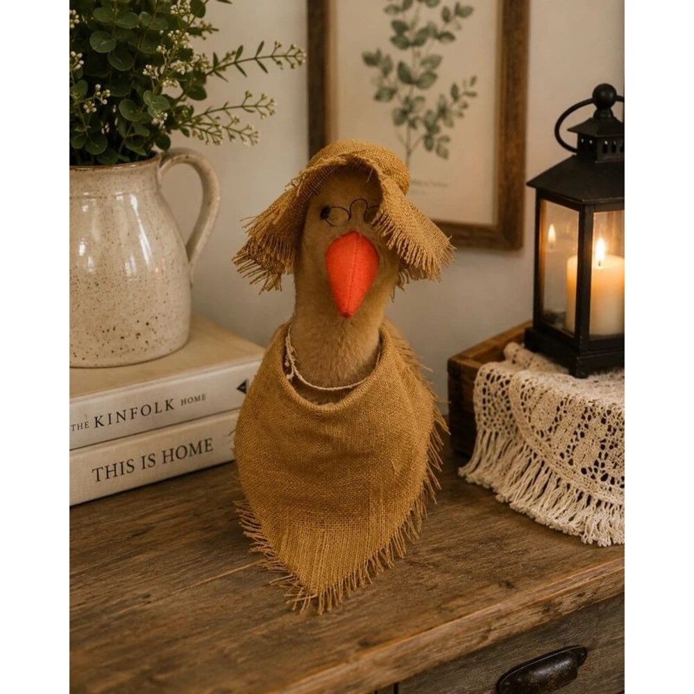 Vintage Plush Goose with Burlap Bonnet & Scarf – Farmhouse Decor